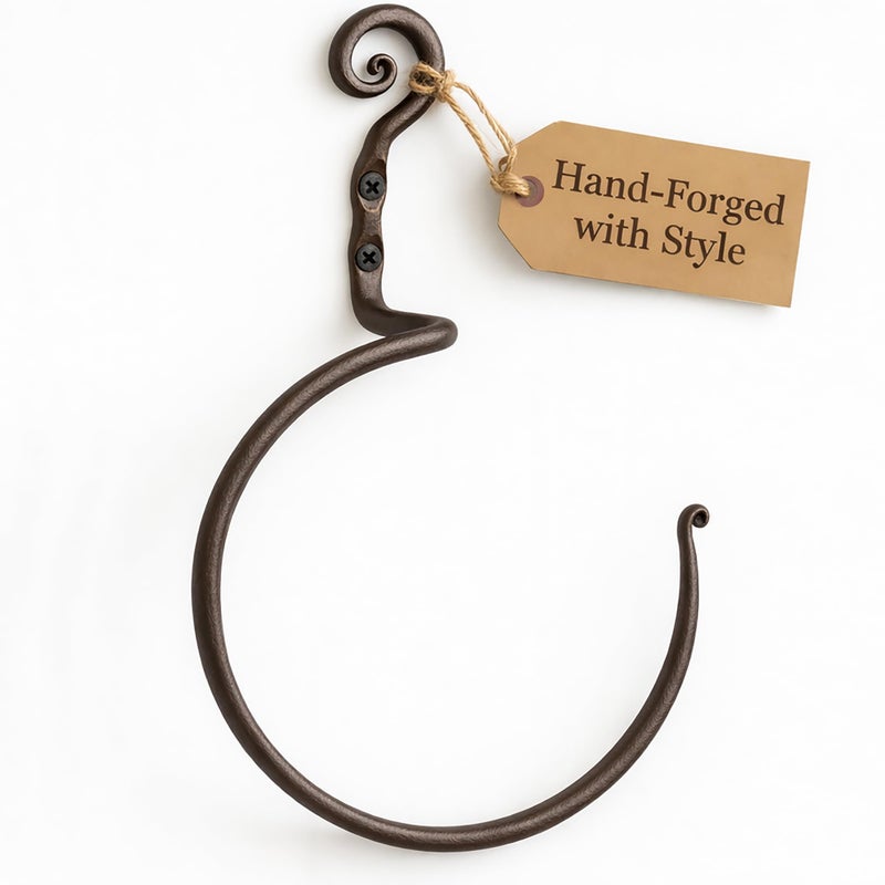 RTZEN Wrought Iron Hand Towel Holder - Matte Black Towel Ring for Bathroom or Kitchen - Farmhouse, Vintage, Rust Resistant, Easy to Install, Hand-Forged Decorative Rustic Bathroom Decor - Image 2